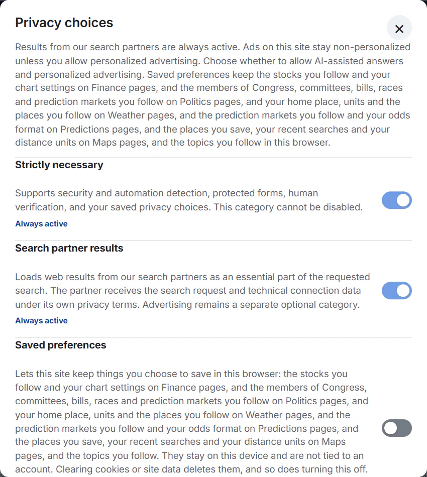 The top of the Privacy choices panel with the Strictly necessary, Google search results and Saved preferences categories